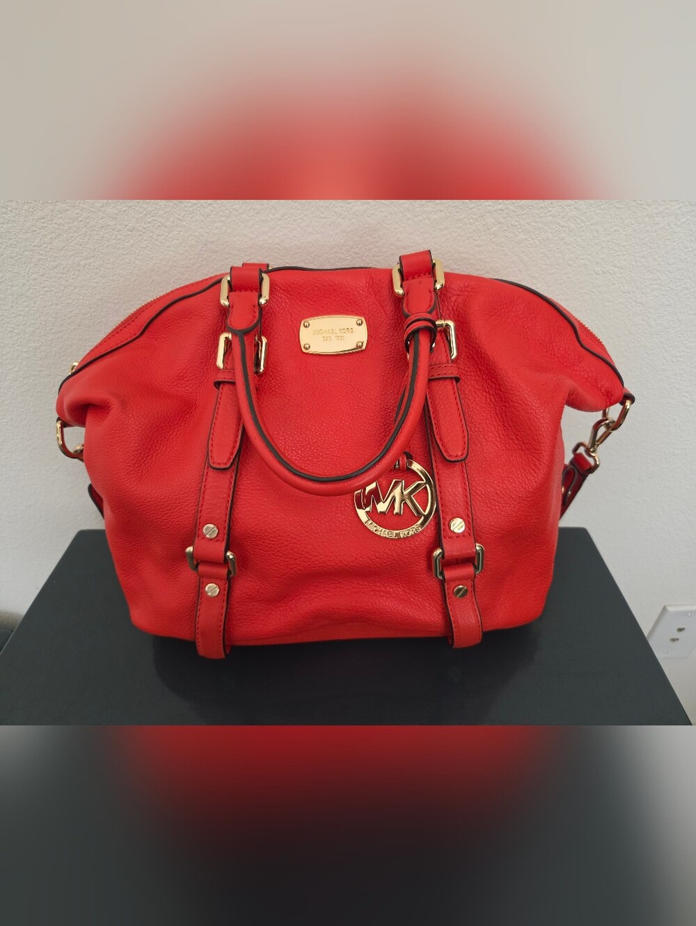 Michael Kors Bedford Medium Belted Pebbled Leather Satchel Crossbody Bag Red